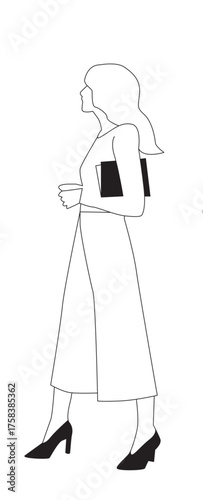 Woman with High Heels and folder walking  – Black and White Line Art Architectural Style Vector Illustration