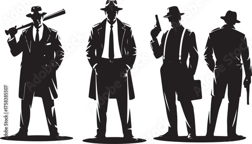 Four black silhouettes of men in fedoras and suits