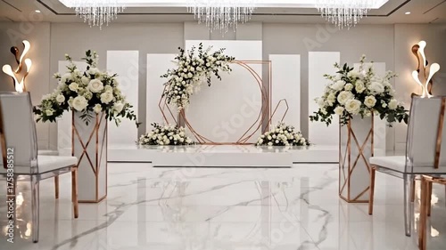 Elegant wedding reception stage decoration with floral arrangements and modern geometric accents