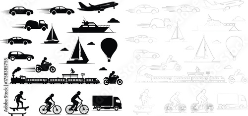 Vector art of transportation mode a collection of various vehicles and modes of transport in black silhouette, showcasing movement and travel silhouette