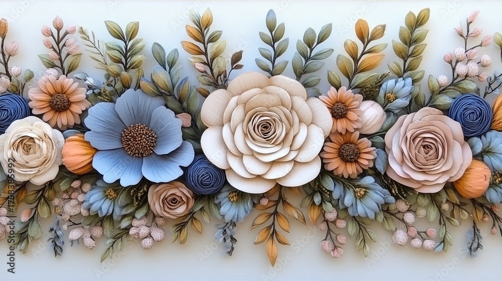 Fototapeta premium A beautiful floral border showcases an array of blue, pink, and orange flowers against a light white backdrop, perfect for invitations