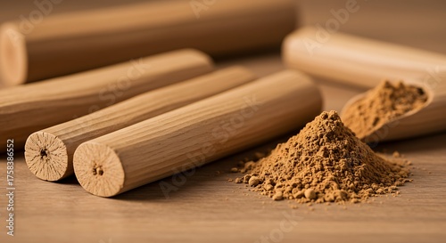 Close up of sandalwood sticks and powder on wooden surface