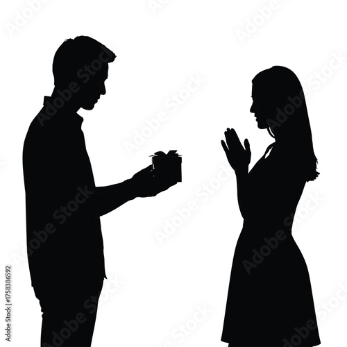 Silhouette of a man presenting a gift to a woman with hands clasped in a gesture of gratitude