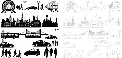 Vector art of cityscape silhouette with transportation and people, , illustrating urban life and connectivity in a bustling metropolis silhouette