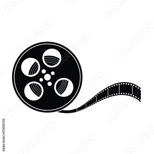 A black and white illustration of a film reel with a winding film strip on a white background silhouette