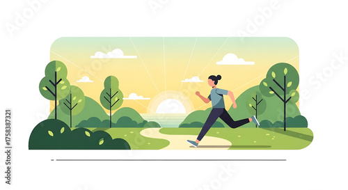 Woman Running Outdoors in Nature Park at Sunrise or Sunset for Health