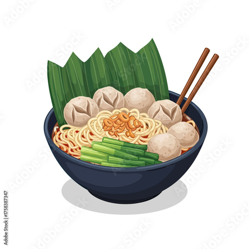 Delicious Bowl of Noodle Soup with Meatballs and Green Vegetables.