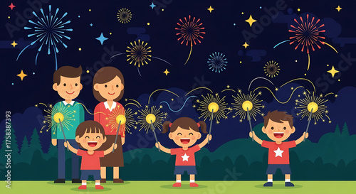 Happy Family Celebrating Fireworks Cartoon Illustration
