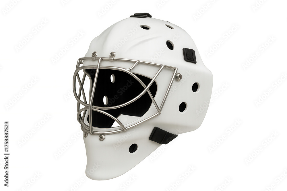 Fototapeta premium White ice hockey goalie helmet with metal cage offering protection for sports and winter game athletes