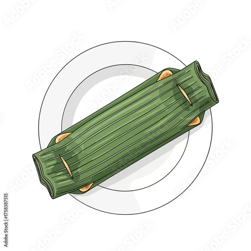 Delicious Food Wrapped in Green Leaves on a White Plate.