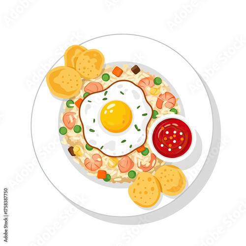 Delicious Fried Rice with Fried Egg and Shrimp.