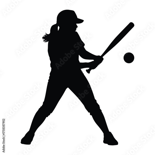 Scalable vector illustration of a female baseball player swinging a bat ready to hit the ball eps format silhouette vector illustration white background