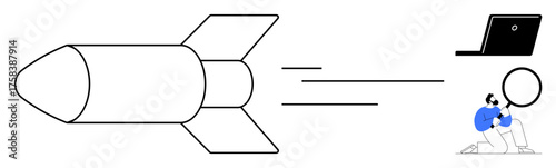 A rocket moving swiftly, person kneeling to examine data with magnifying glass, and laptop for insights. Ideal for innovation, analysis, speed, research, progress, data-driven projects simple flat