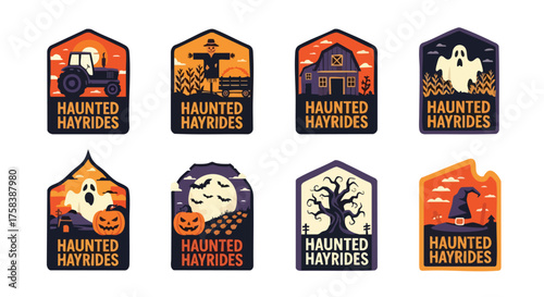 A collection of Halloween-themed Haunted Hayride designs, featuring a tractor, scarecrow, barn, ghost, pumpkin, full moon, spooky tree, and witch's hat, perfect for seasonal promotions.