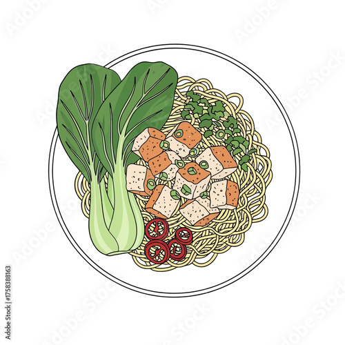 Delicious Noodle Bowl with Tofu and Bok Choy.