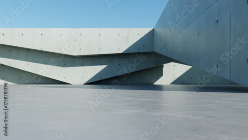 Fototapeta Naklejka Na Ścianę i Meble -  3d render of abstract modern concrete architecture background, Minimal geometry architectural design, Car presentation backdrop with empty concrete floor, Geometric white blocks building design