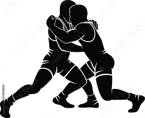Dynamic black silhouette illustration of two wrestlers in intense combat action vector graphic silhouette vector illustration white background