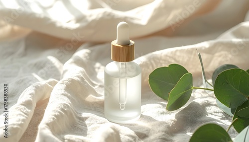 Frosted glass serum bottle with bamboo dropper cap on linen cloth