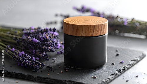 Minimal black glass candle jar with wooden lid on slate surface