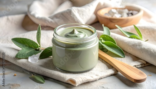 Matte clay face mask jar with bamboo spatula beside soft linen cloth