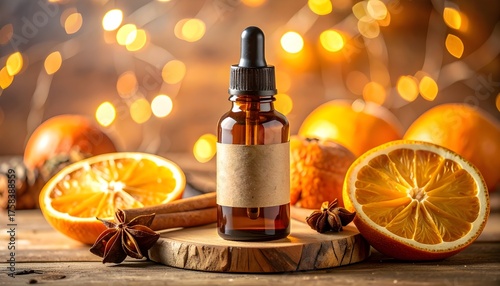 Amber essential oil bottle with kraft label on wooden board