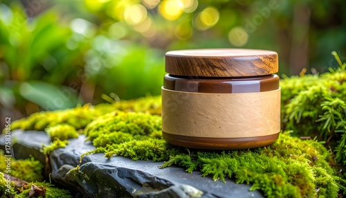 Clay skincare jar with textured kraft label, resting on slate stone
