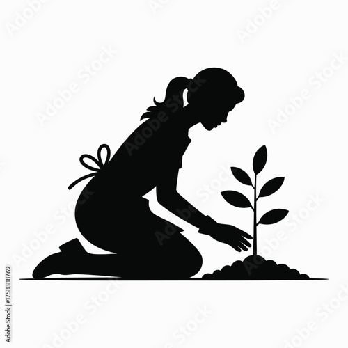 Silhouette vector illustration of a person kneeling planting a small tree seedling scalable eps icon silhouette vector illustration white background