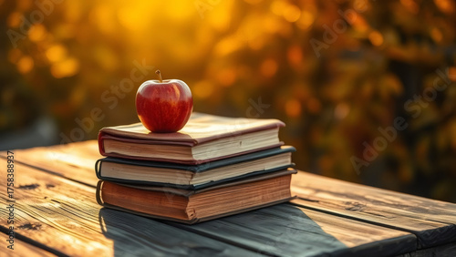 Stacked books on a wooden table with a red apple under warm sunset light in a serene outdoor setting