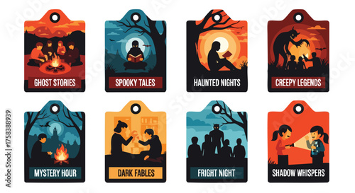 A collection of stylized, illustrated tags showcasing spooky scenes and titles like ghost stories, haunted nights, and creepy legends, perfect for Halloween or fantasy-themed projects.