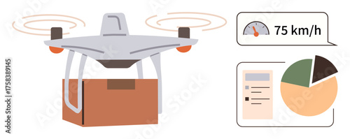 quadcopter carrying a box, speedometer showing 75 kmh, and a pie chart highlighting data insights. Ideal for delivery, technology, logistics, innovation, e-commerce, data visualization futuristic