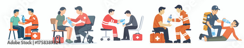 vector of safety officers giving drinks to disaster victims