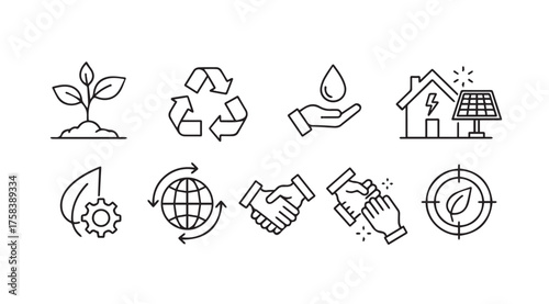 Eco friendly green energy and sustainability icons set for environmental protection and growth concepts vector