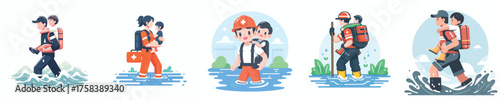 vector of safety officers helping small children during flood