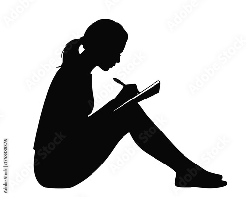 Silhouette illustration of a young woman writing in a notebook scalable vector eps file silhouette vector illustration white background