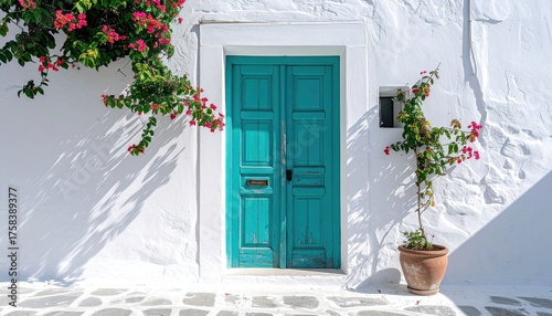Fototapeta Naklejka Na Ścianę i Meble -  Traditional Teal Doorway with Vibrant Pink Bougainvillea Flowers and White Washed Wall in Santorini Greece Bathed in Bright Sunlight