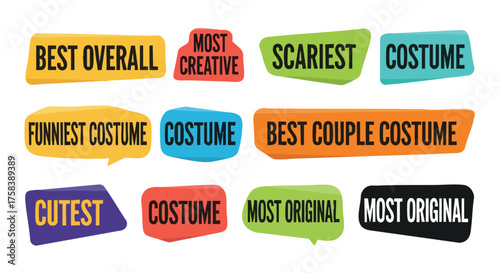 A collection of colorful, stylized speech bubbles featuring Halloween costume award titles like "Best Overall," "Scariest," and "Most Original," perfect for holiday promotions and event announcements.