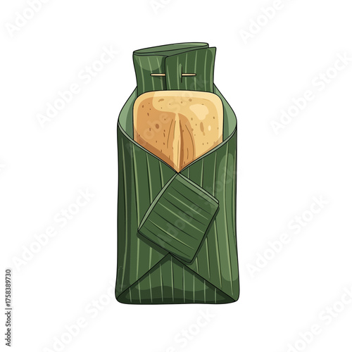 Traditional Food Wrapped in Green Banana Leaves with Wooden Skewer.