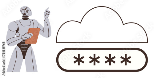Humanoid robot holding tablet, pointing near cloud password input field. Ideal for AI, technology, data security, automation, cybersecurity, cloud computing futuristic innovation. Simple flat