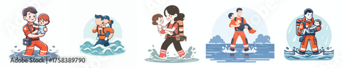 vector of safety officers helping small children during flood