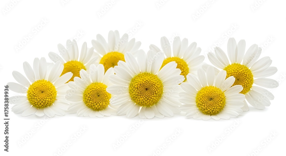 Close up of vibrant daisy flowers isolated against a clean white background Close up of vibrant daisy flowers isolated against a clean white background