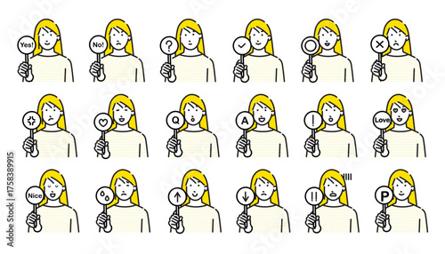 回答札を持つ女性のアイコンセットーシンプル線画のイラスト素材