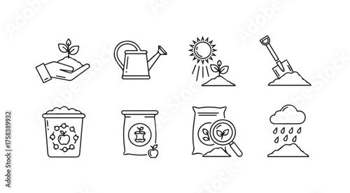 Hand drawn garden icons plant sprout watering can sun soil seed bag rain cloud elements vector