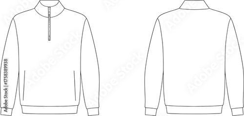 Technical flat sketch of long sleeve pullover with half zip, ribbed cuffs, high collar, fashion design, garment template, apparel illustration