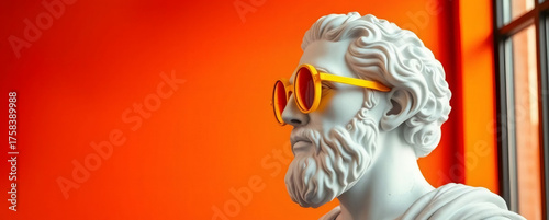 Digital artwork of a classical statue with sunglasses against an orange wall showcasing modern art contrasts