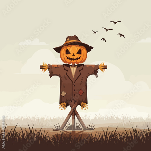 Creepy Halloween illustration of a scarecrow with a jack-o'-lantern head standing guard in a desolate autumn field