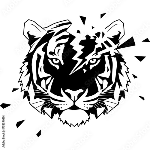 Graphic illustration of a tiger head sundered by lightning. Symbol of adrenaline, speed, and unstoppable power. Great for gaming logos or aggressive branding.