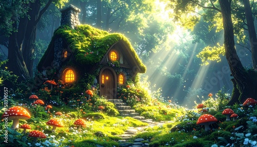 Enchanted Cottage in Lush Forest: A whimsical cottage nestled in a vibrant forest, its moss-covered roof and glowing windows beckoning with warmth and inviting mystery.