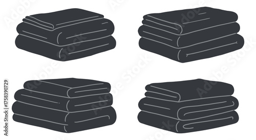 Four stacks of neatly folded dark colored towels or linens depicted in a clean simple silhouette style