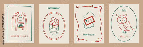 Christmas card designs set. Modern winter cute template, hand drawn letter vector flat elements. Vintage italian whimsical style for greeting, poster, label, tag, packaging branding. Beige background.