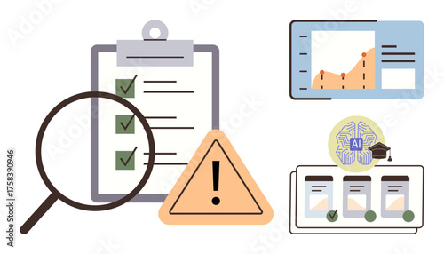 Magnifying glass over checklist, warning icon, data chart, AI brain, and evaluation cards. Ideal for analytics, inspection, risk management, AI systems education operations and decision-making